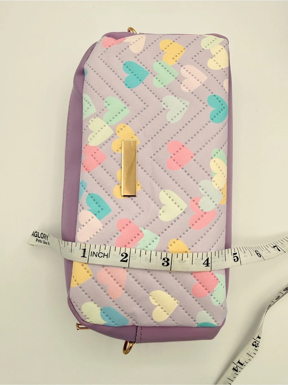 Lavender Cosmetic Bag with Multicolor Heart Print and crossbody strap NEW